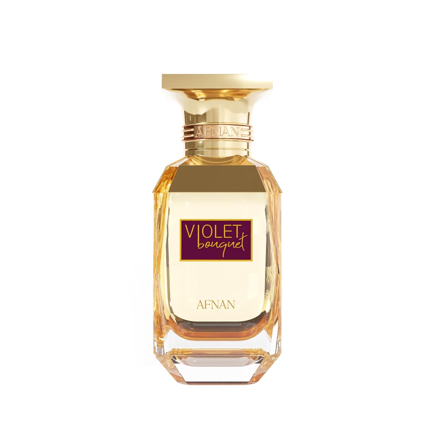 AFNAN Violet Bouquet luxury perfume bottle with golden cap and elegant design