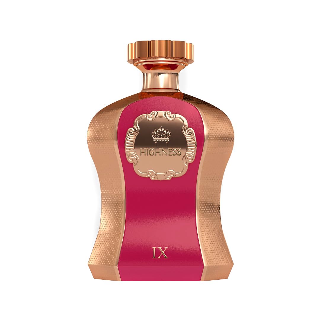 Luxury perfume bottle with gold and pink design, embossed 'HIGHNESS' label and crown.