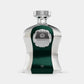 Luxury green and silver perfume bottle with crown emblem and 'Highness' label on front