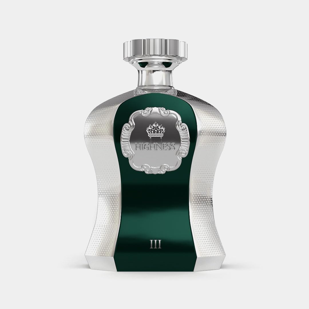 Luxury green and silver perfume bottle with crown emblem and 'Highness' label on front
