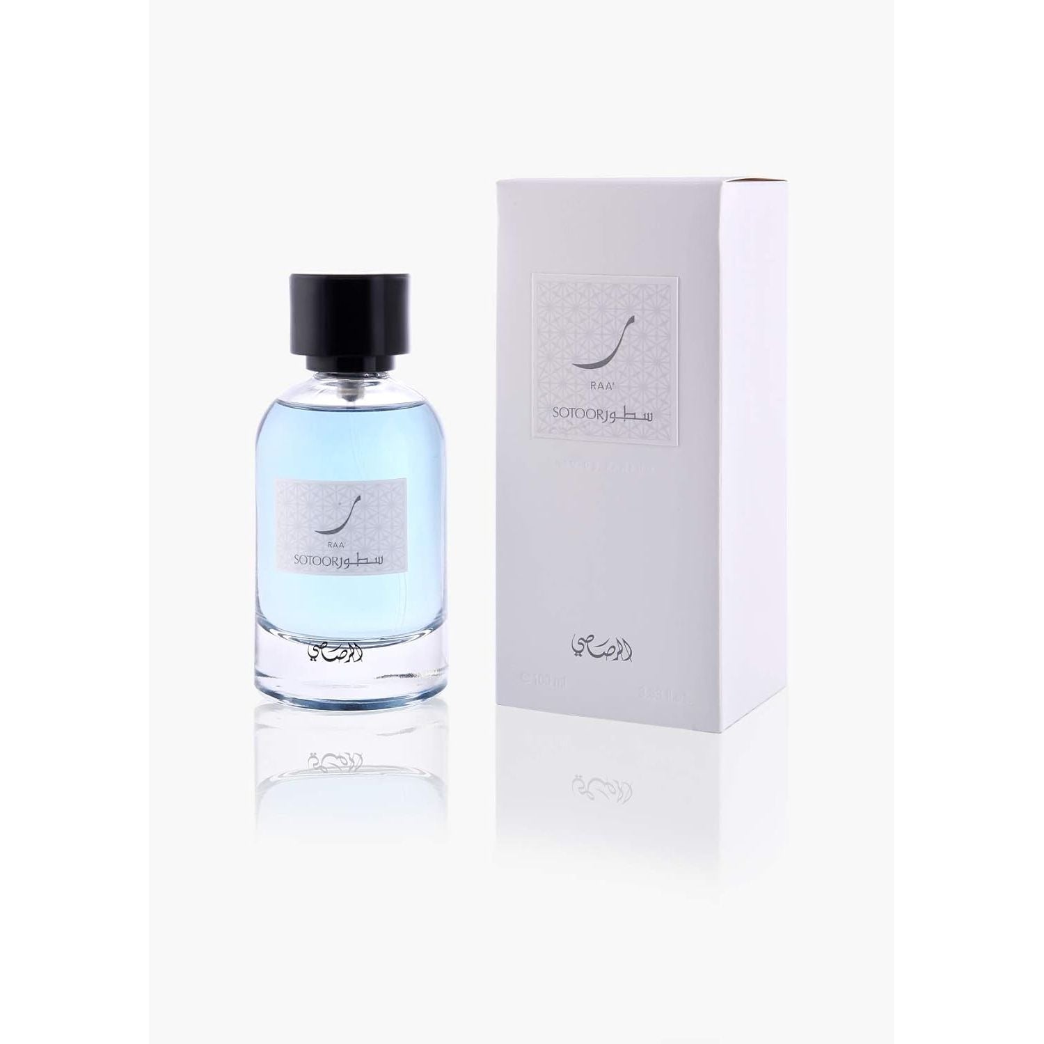 Clear glass perfume bottle with blue liquid and black cap beside white box, SOTOOR RAA fragrance.