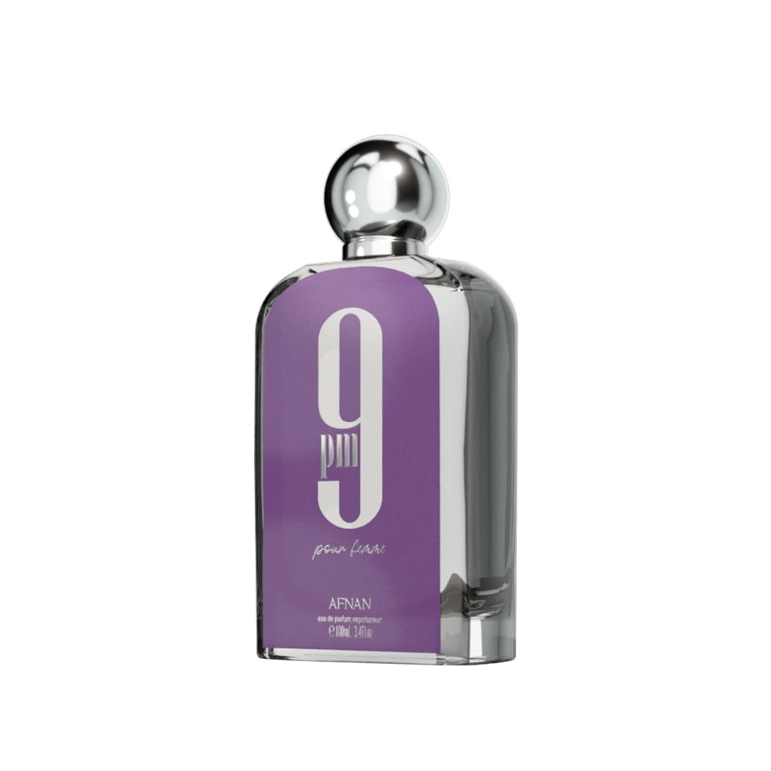 Afnan 9pm Pour Femme perfume bottle with metallic cap and purple label