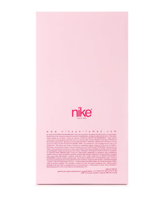 Nike perfume box back with care instructions, pink packaging, and multilingual text for luxury fragrance