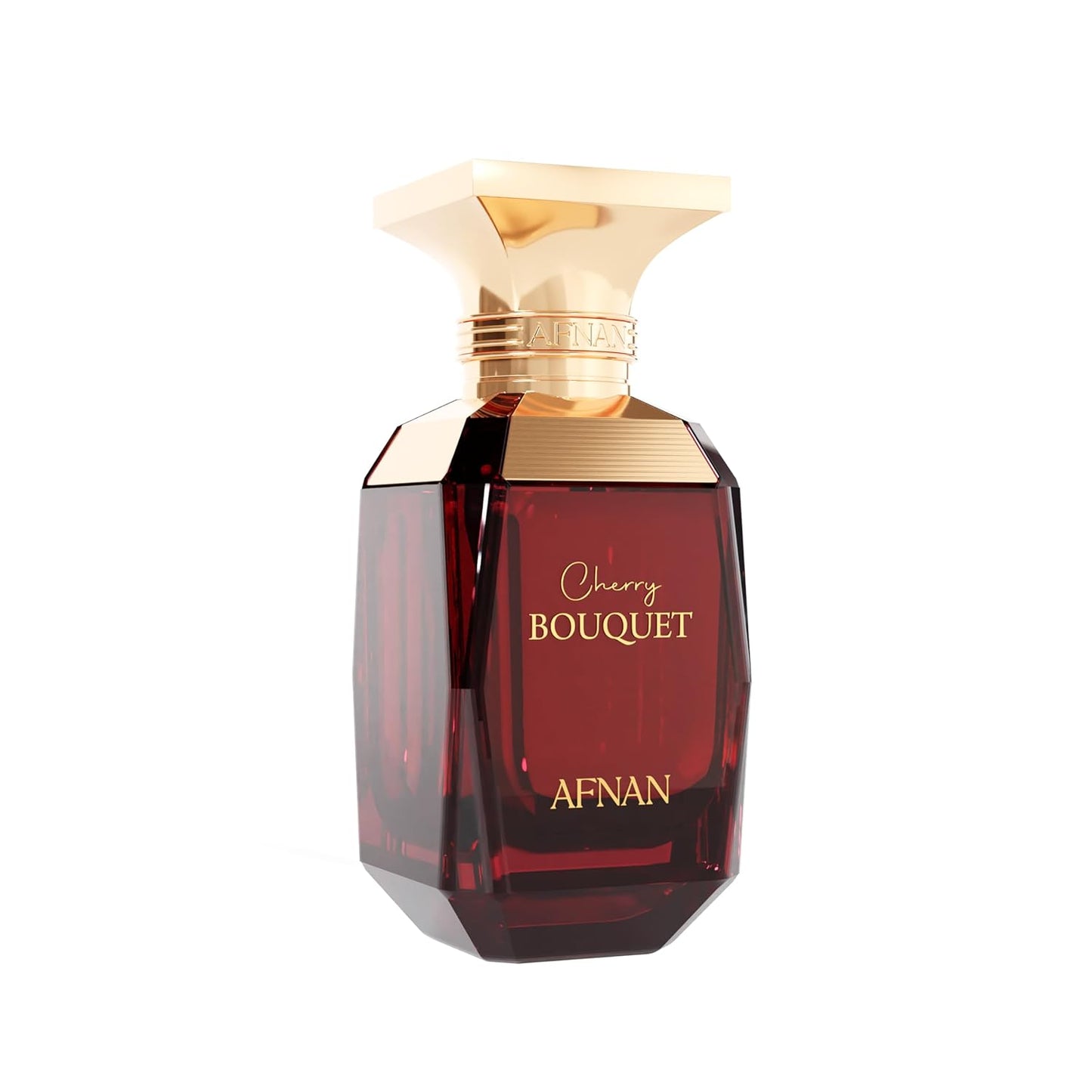 Afnan Cherry Bouquet perfume bottle with gold cap and deep red glass, luxury fragrance