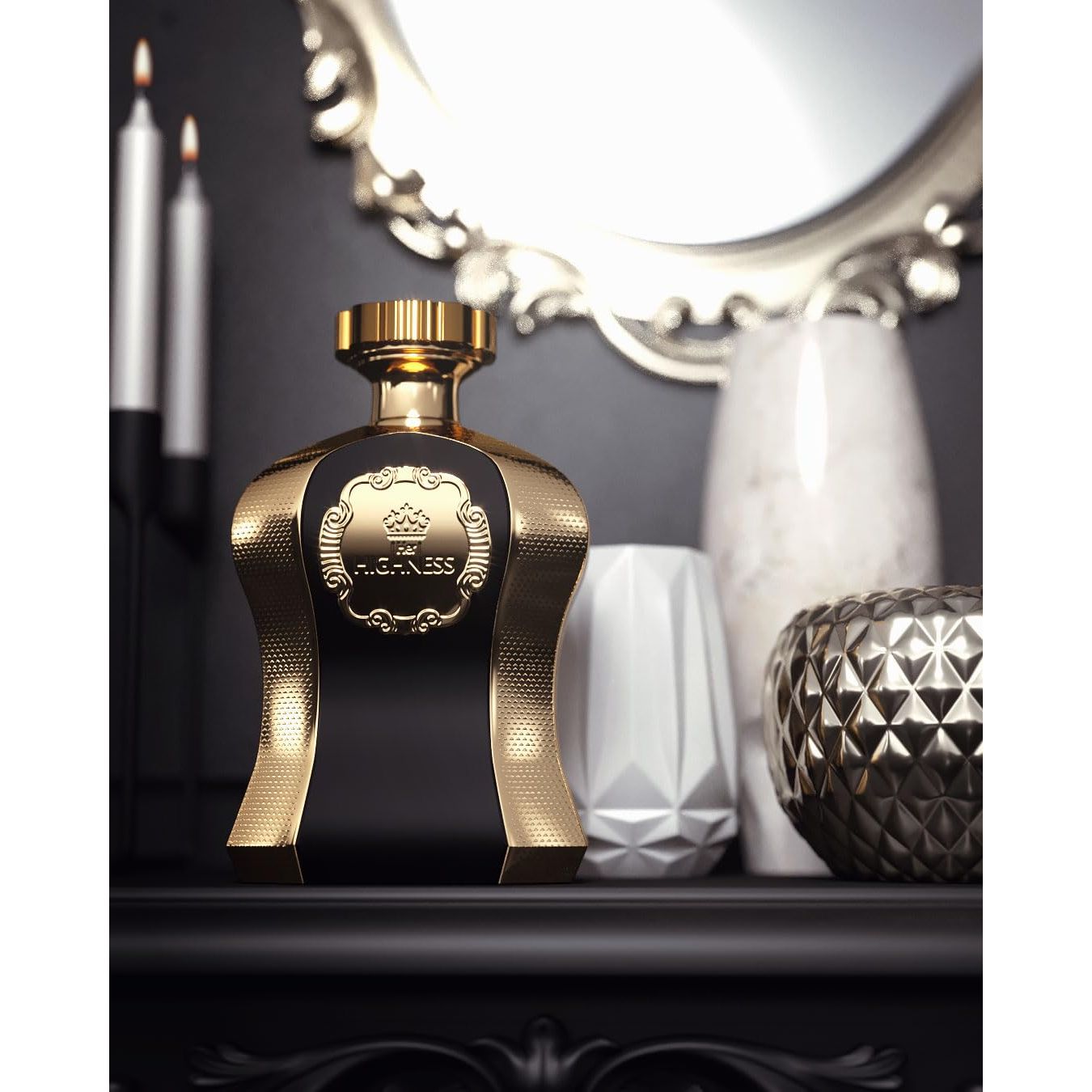 Luxury gold and black perfume bottle on elegant vanity with candles and decorative vases