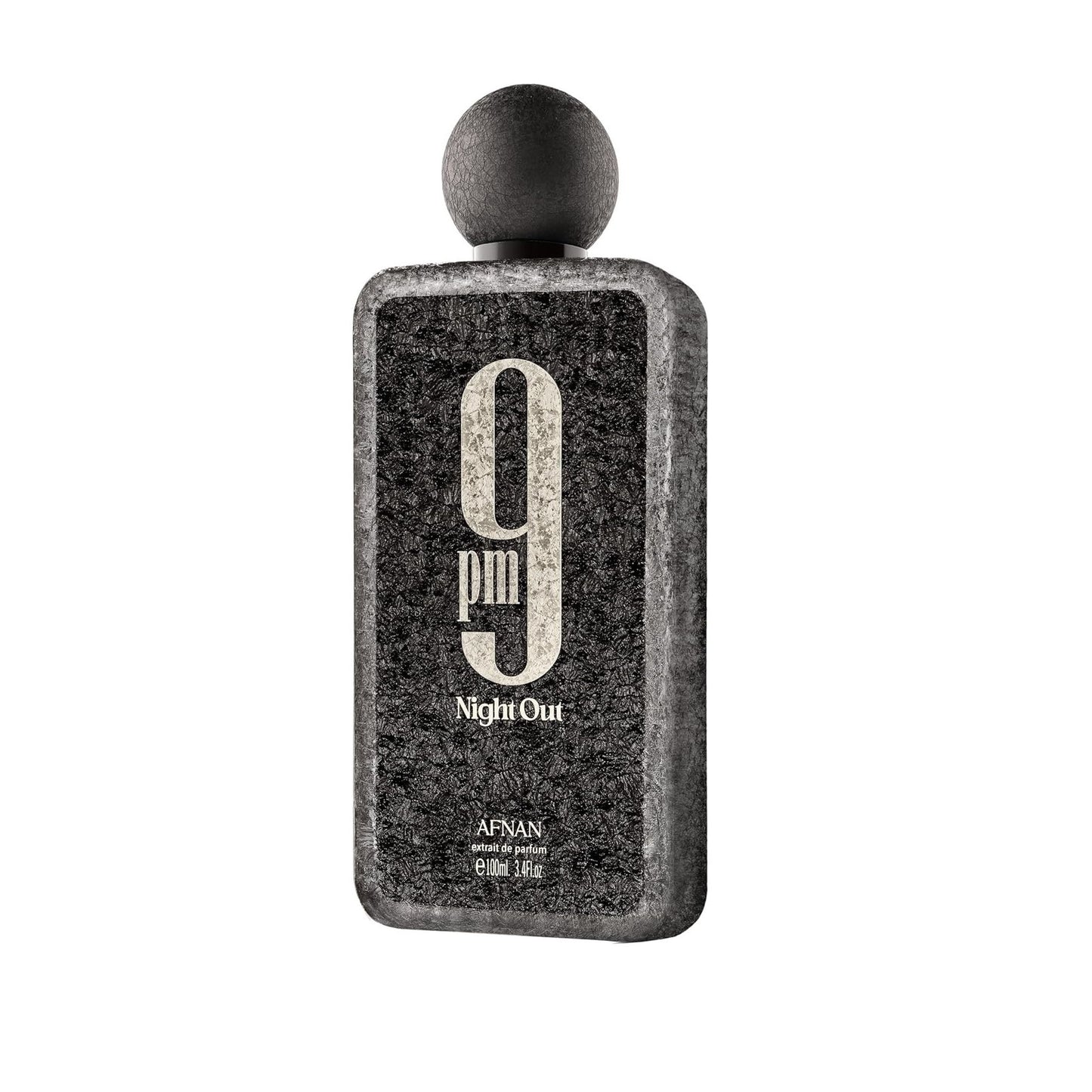 Afnan 9pm Night Out perfume bottle with textured black finish and round cap