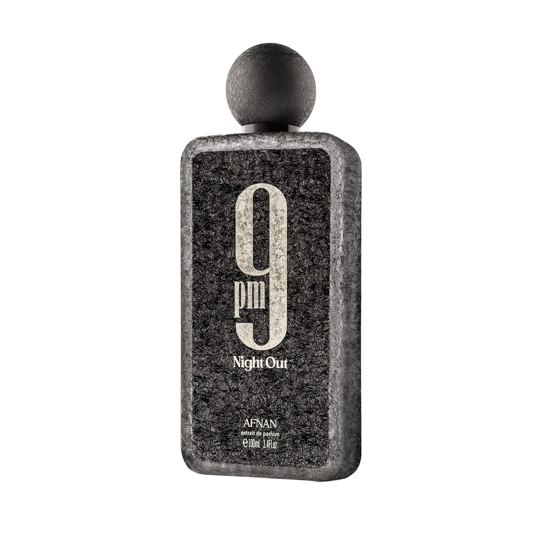 Afnan 9pm Night Out perfume bottle with textured black finish and round cap