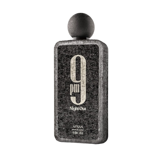 Afnan 9pm Night Out perfume bottle with textured black finish and round cap