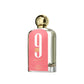 Afnan 9am perfume bottle with gold cap and pink label on white background