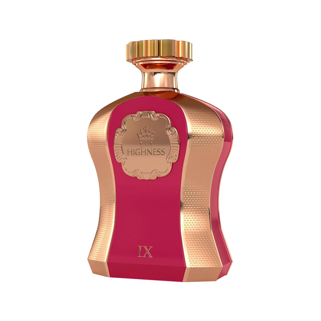Luxury pink and gold perfume bottle labeled HIGHNESS with elegant embossed details