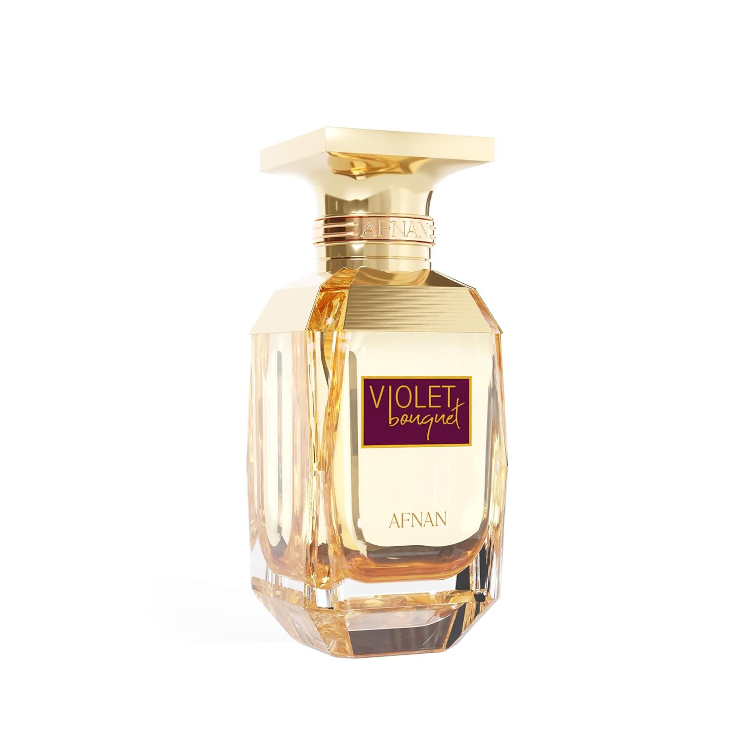 AFNAN Violet Bouquet luxury perfume bottle with golden accents and elegant design