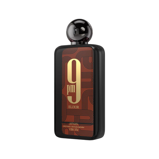 Afnan 9pm Elixir perfume bottle with black cap and gold label design on brown background.