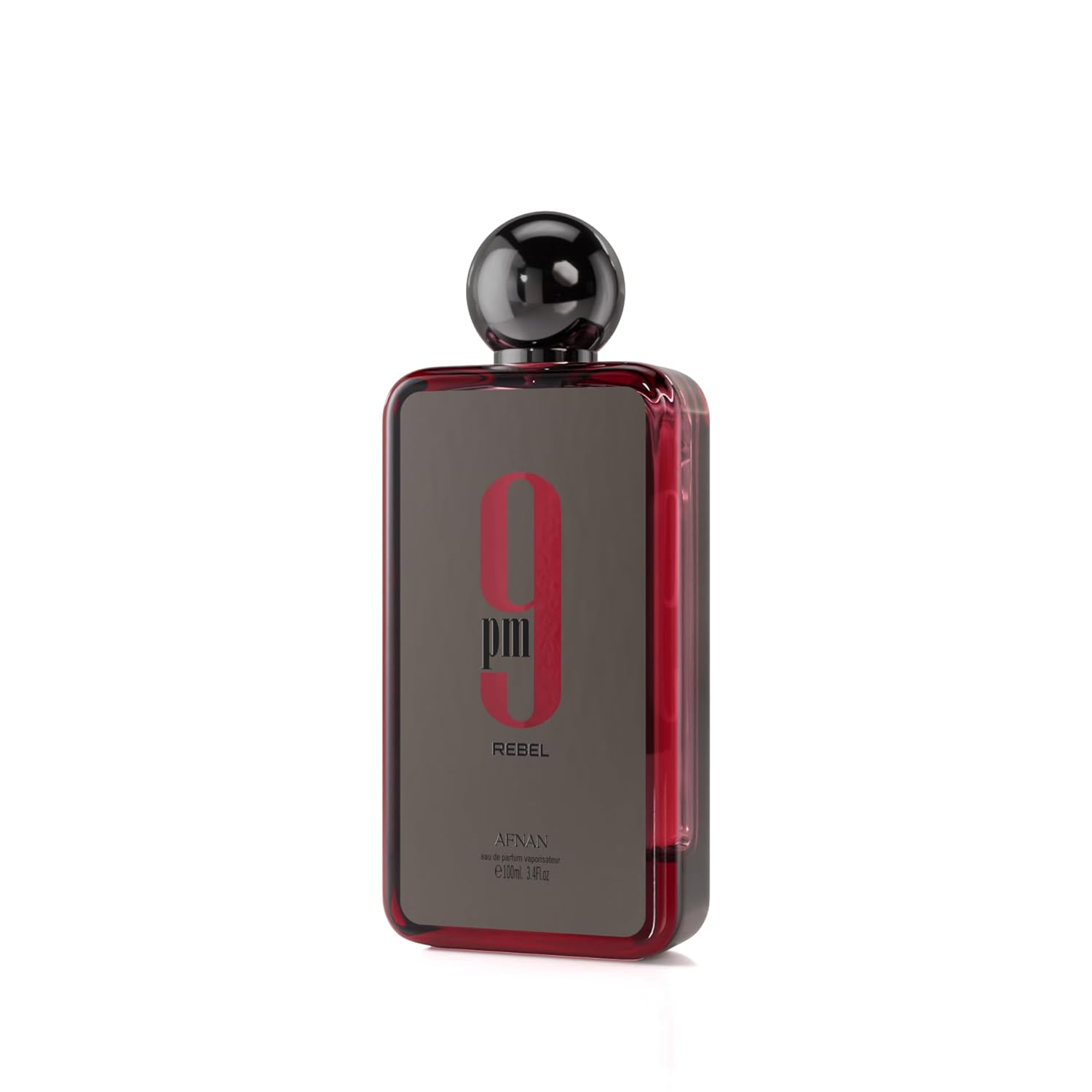 Afnan 9PM Rebel perfume bottle with black and red rectangular design, glossy round cap