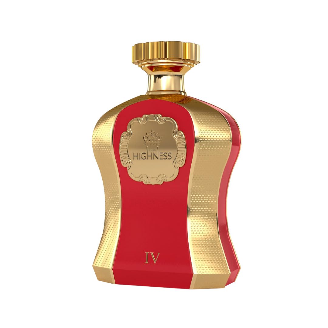 Luxury red and gold perfume bottle with 'Highness' embossed on label, beauty product