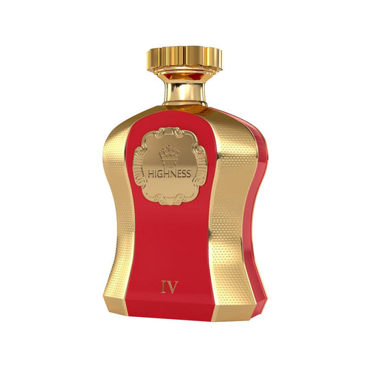 Luxury red and gold perfume bottle with 'Highness' embossed on label, beauty product