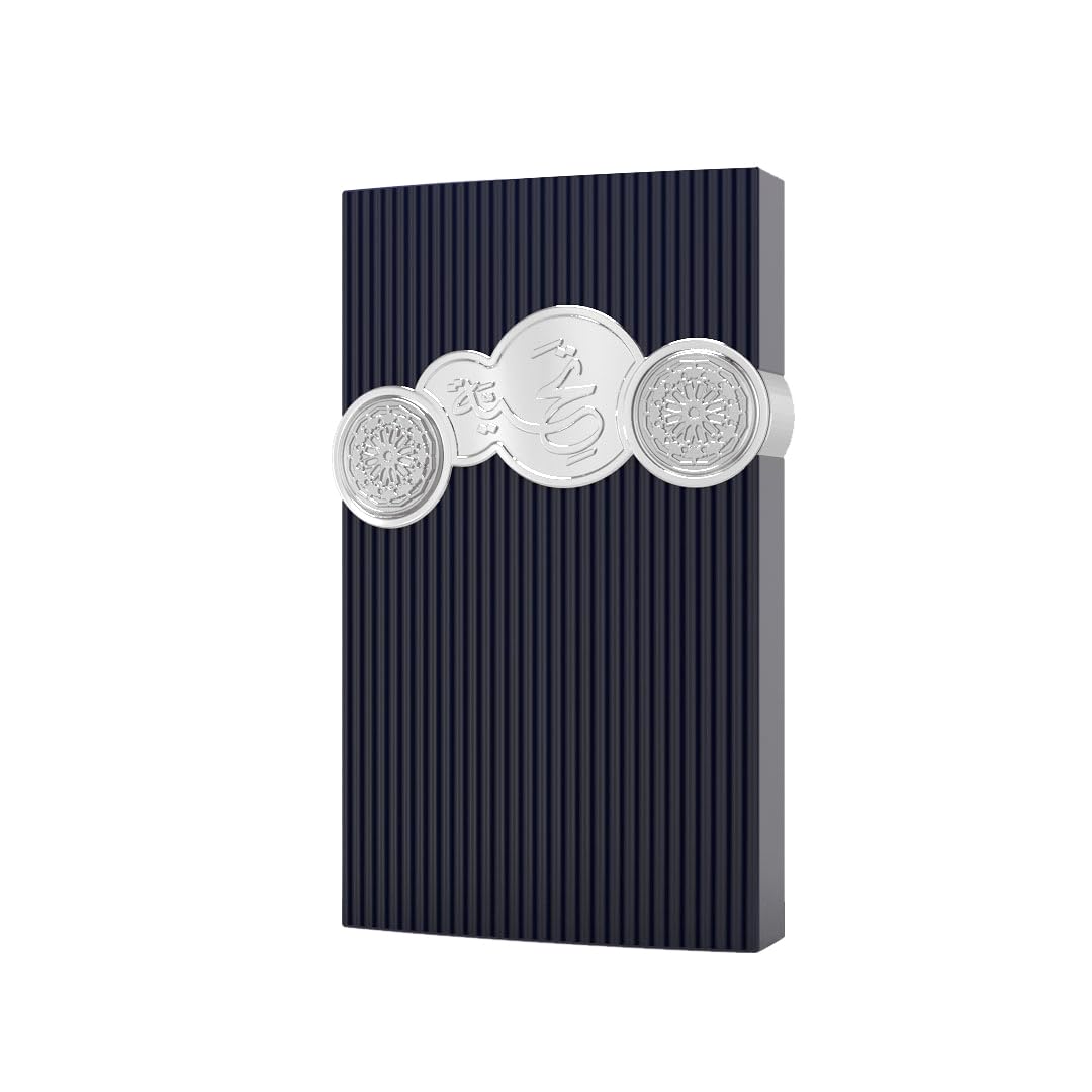 Luxury dark blue perfume box with silver Arabic script and floral medallions, featuring premium oud fragrance design