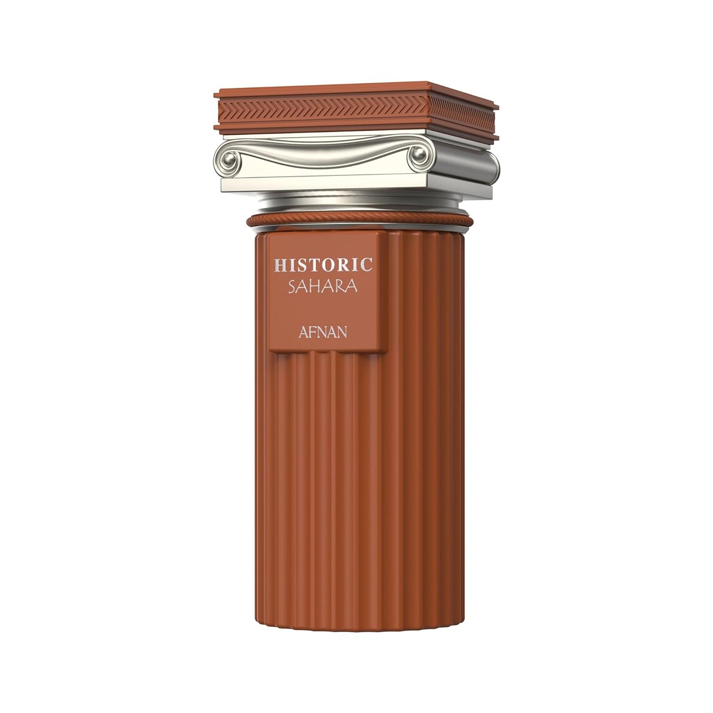 Afnan Historic Sahara perfume bottle shaped like a classical column, terracotta and silver.