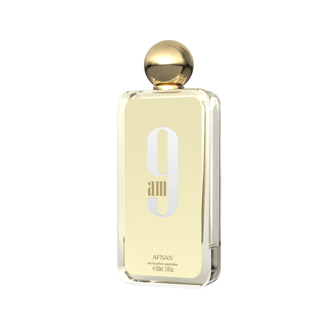 Afnan 9am perfume bottle with gold cap, luxury fragrance, 100ml