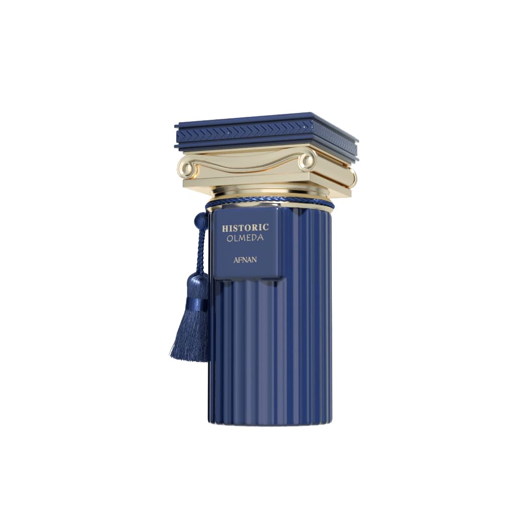 Afnan Historic Olmeda perfume in a blue and gold bottle with a decorative tassel.