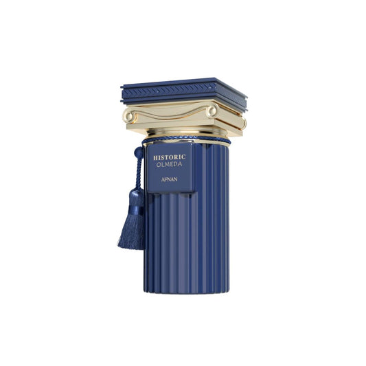 Afnan Historic Olmeda perfume in a blue and gold bottle with a decorative tassel.