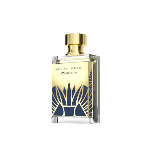 Afnan Edict Musetique perfume bottle with gold cap and blue geometric design on label
