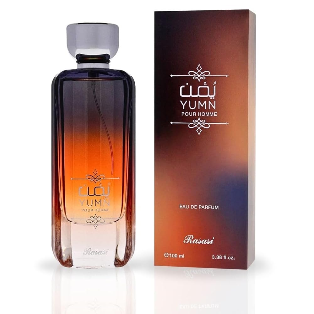 Yumn Pour Homme Eau de Parfum bottle and box for men, 100 ml, amber gradient design
