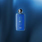 Afnan 9am Dive blue perfume bottle with silver cap on a blue gradient background