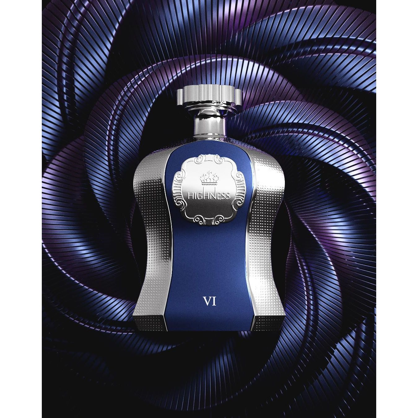 Luxury blue and silver perfume bottle labeled HIGHNESS VI with abstract metallic background