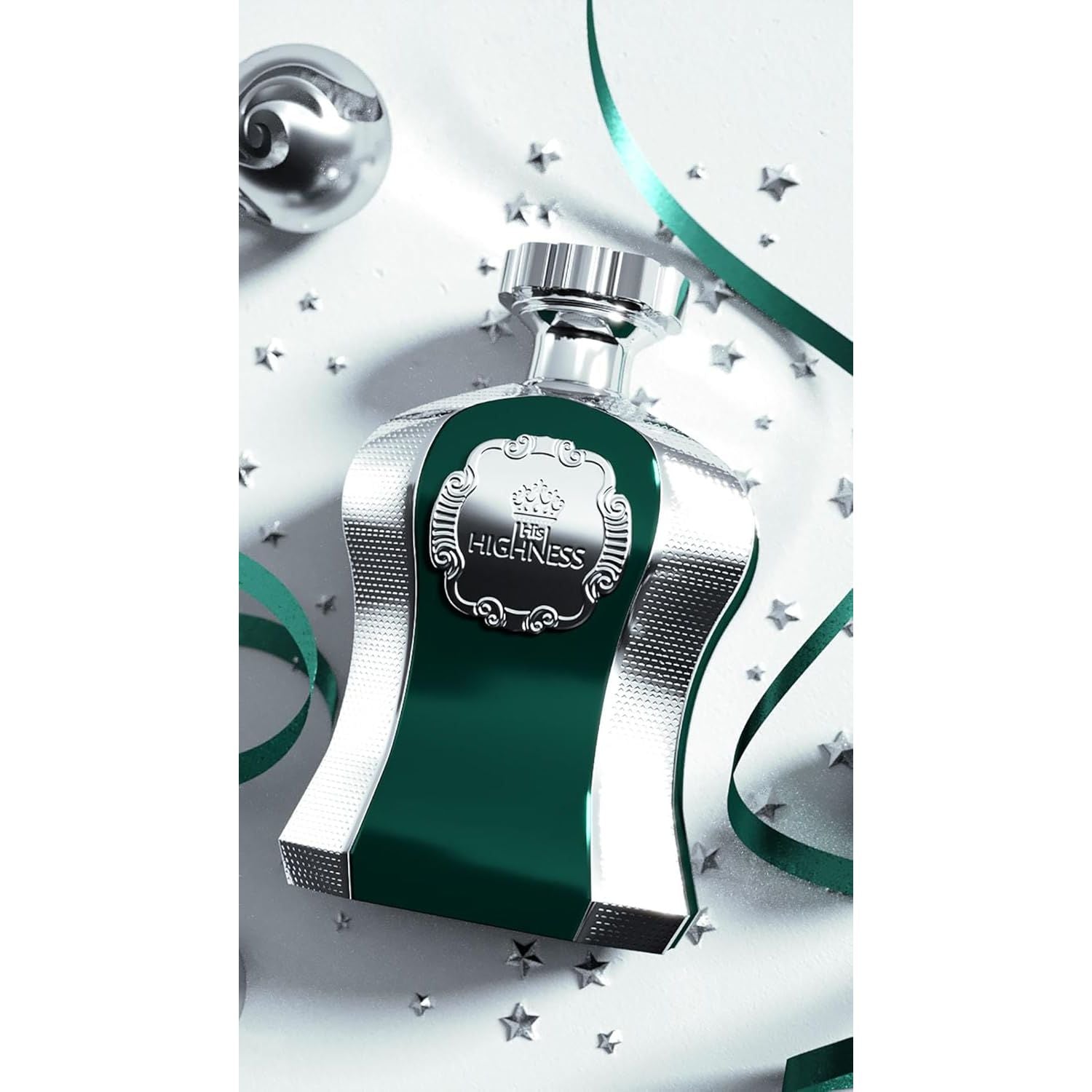 Elegant green and silver perfume bottle labeled His Highness, surrounded by festive ribbons and stars.