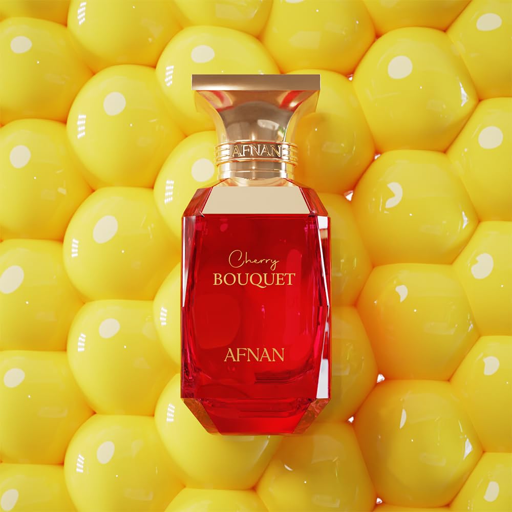 Afnan Cherry Bouquet perfume bottle with gold cap on glossy yellow honeycomb background.