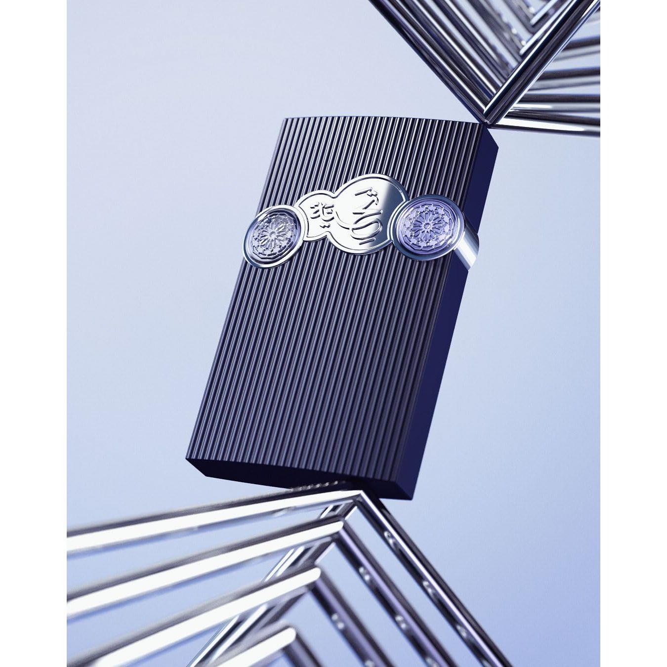 Luxury perfume bottle with silver emblem and textured design, showcasing premium Arabic fragrance
