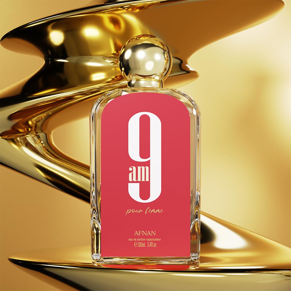 Afnan 9am pour femme perfume bottle with gold background, luxury fragrance for women