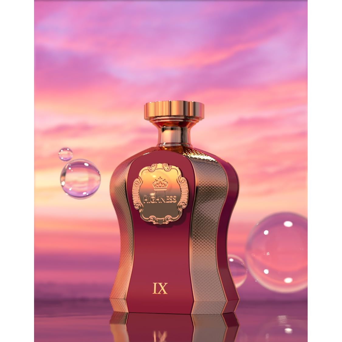 Luxury perfume bottle labeled 'Highness IX' with gold accents against a sunset background