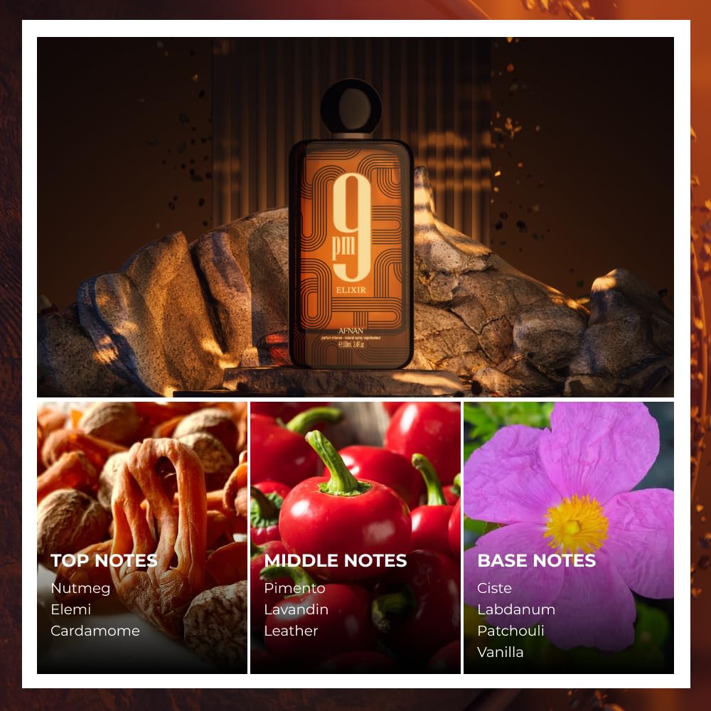 Afnan 9PM Elixir perfume with top, middle, and base notes including nutmeg, pimento, vanilla.