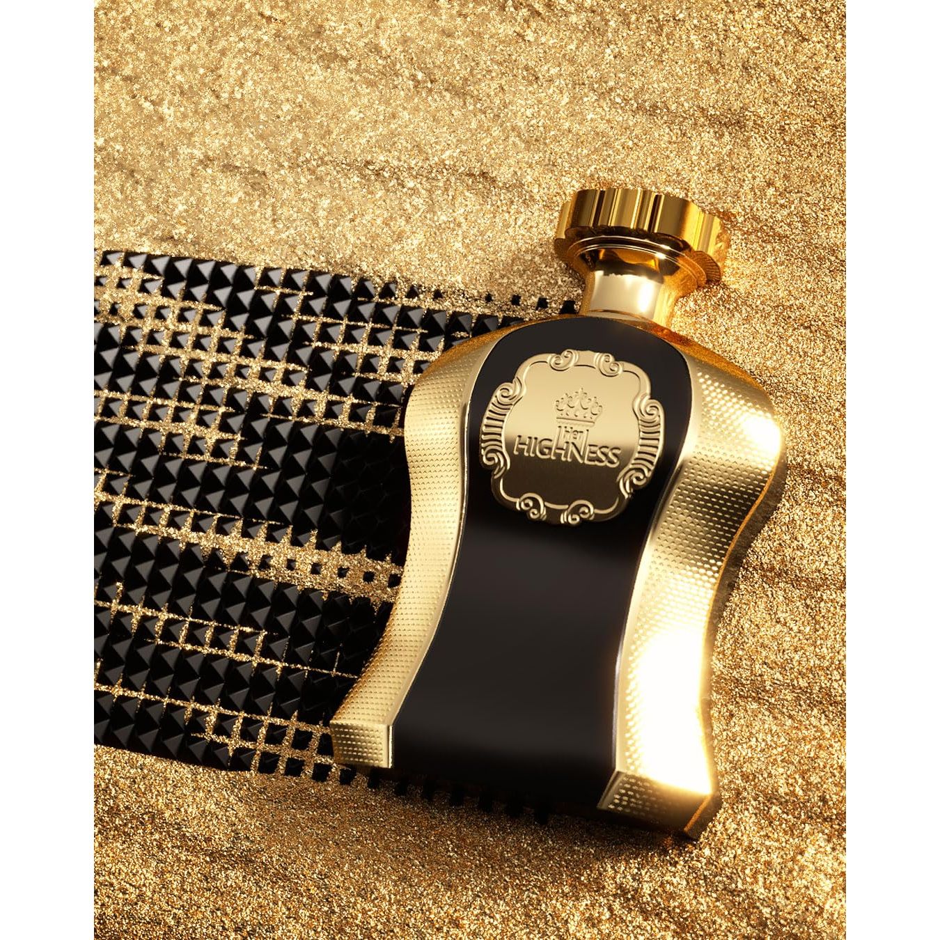 Luxurious black and gold perfume bottle labeled 'Highness' on sparkling gold background