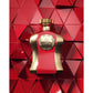 Red and gold luxury perfume bottle labeled 'Her Highness' on geometric red background
