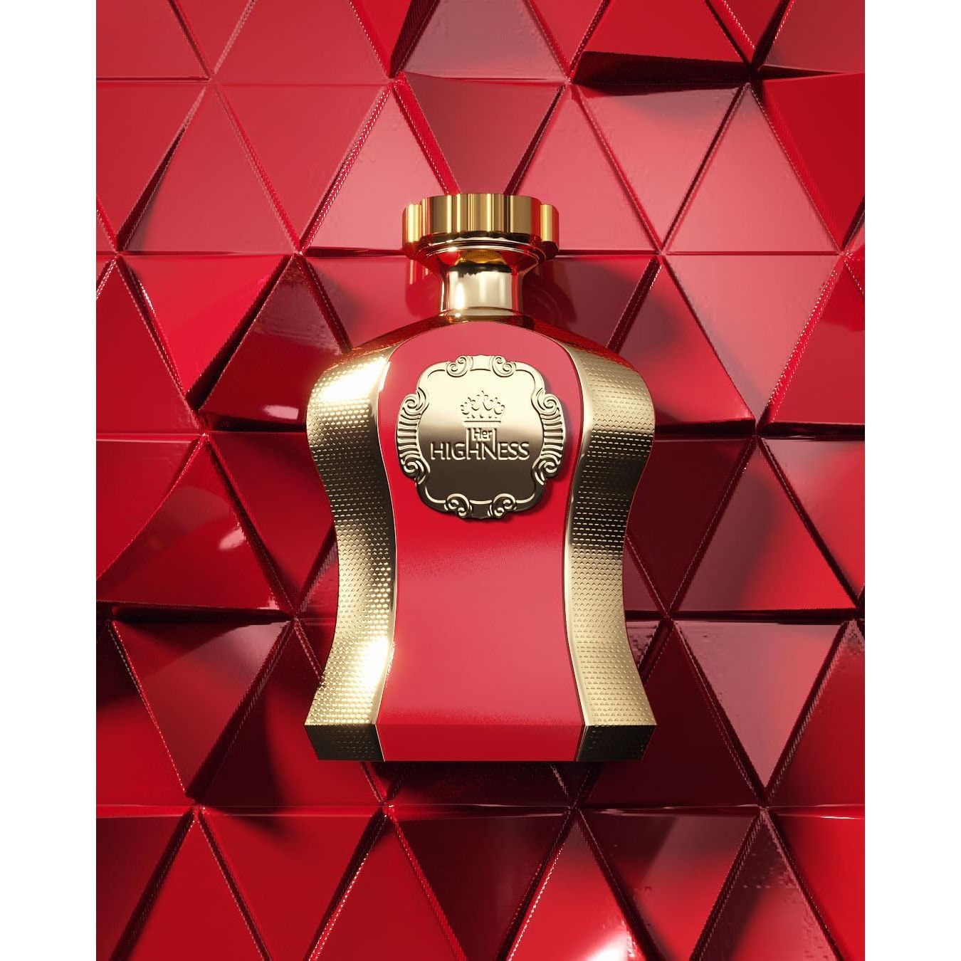 Red and gold luxury perfume bottle labeled 'Her Highness' on geometric red background