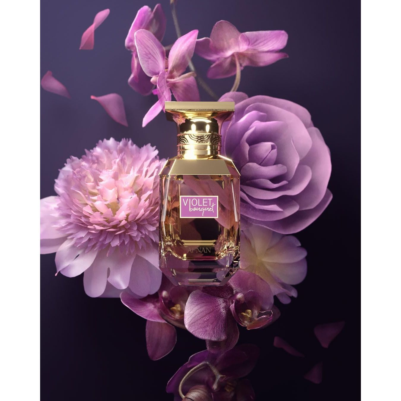 Violet Bouquet perfume bottle with purple flowers, luxury fragrance for women