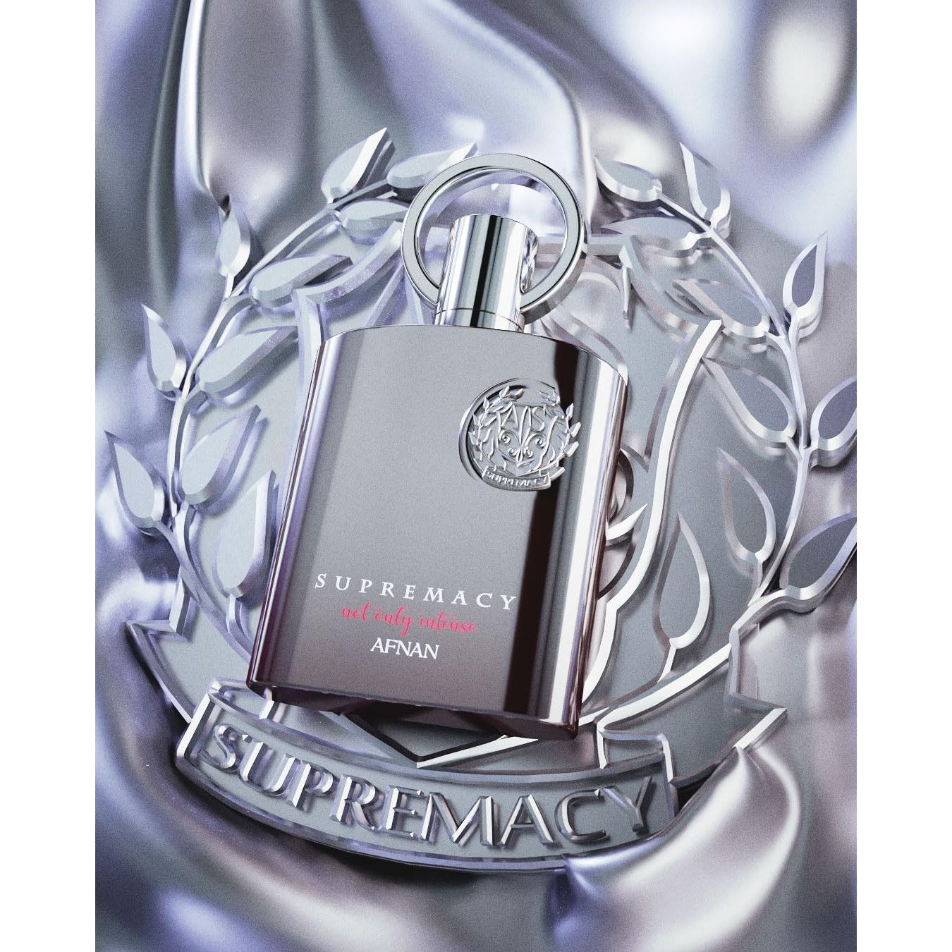 Supremacy AFNAN luxury perfume bottle with metallic emblem and silver leaf design, long-lasting Arabic fragrance