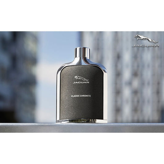 Jaguar Classic Chromite cologne bottle with urban background, luxury men's fragrance