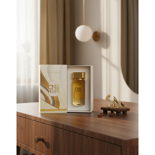 Luxury skincare serum in gold bottle and box on wooden vanity, modern elegant decor