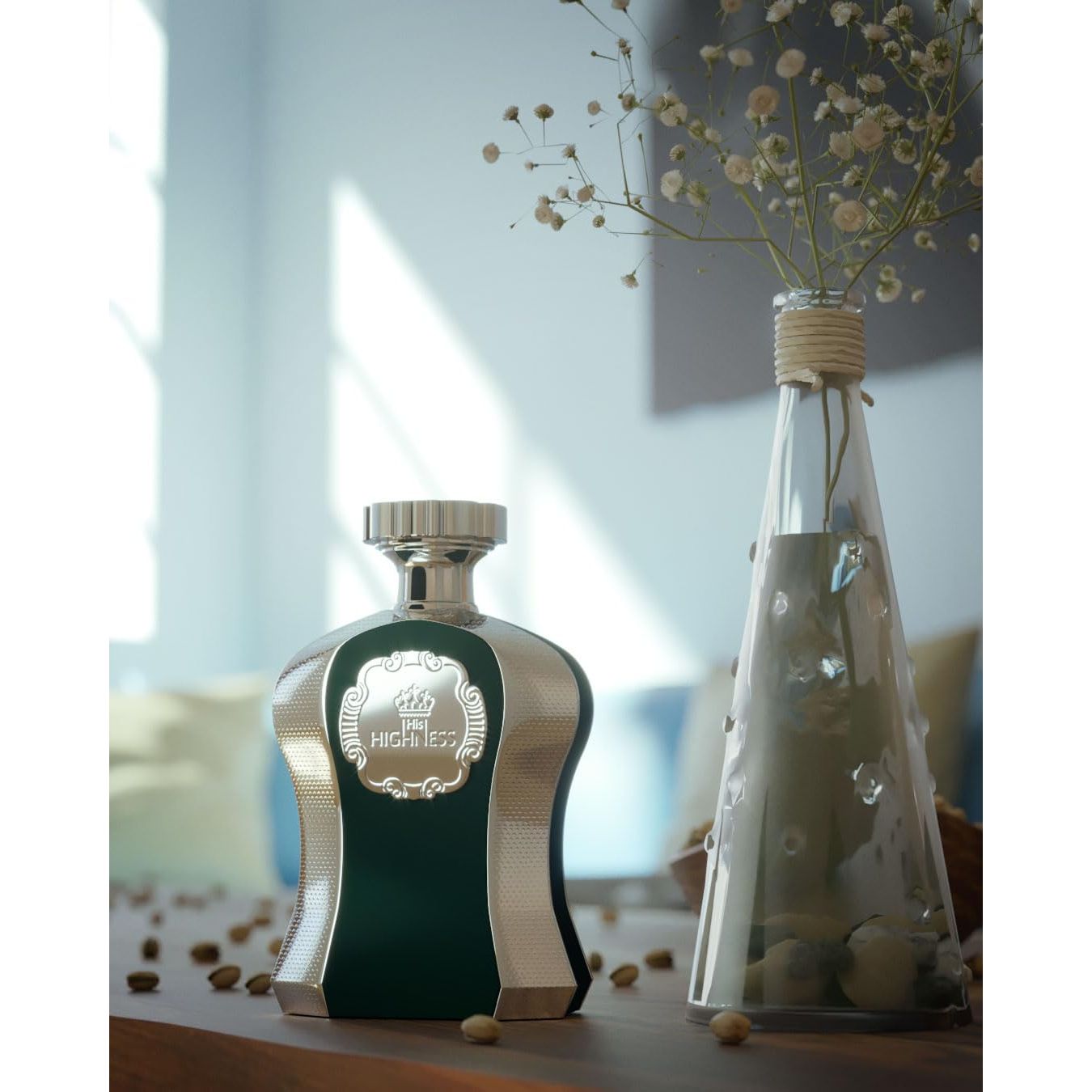 Elegant His Highness perfume bottle with silver accents beside a decorative glass vase.