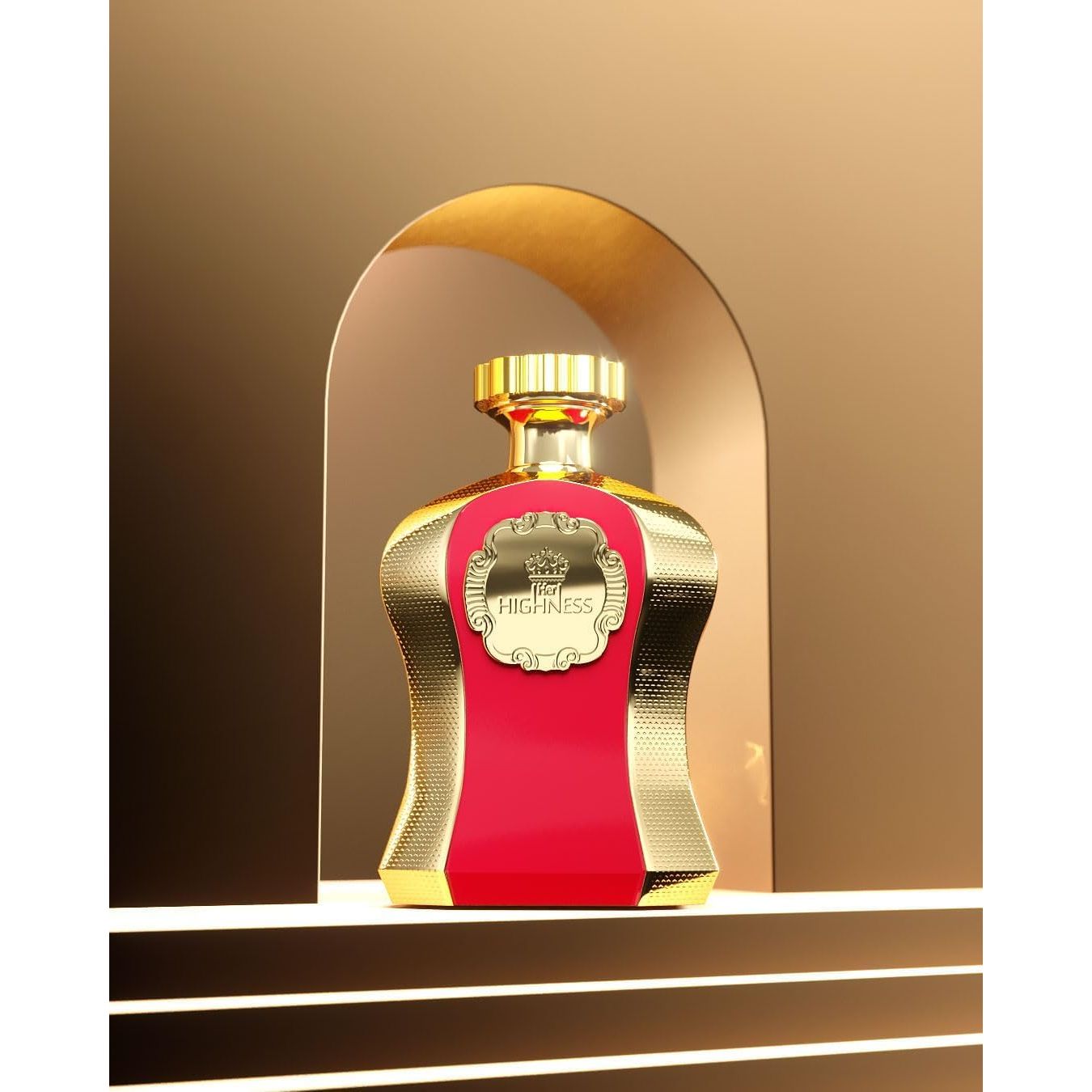 Luxurious gold and red perfume bottle labeled 'Her Highness' on elegant display, beauty product