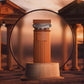 Afnan Historic Sahara perfume bottle on pedestal with ancient columns in sunset background.