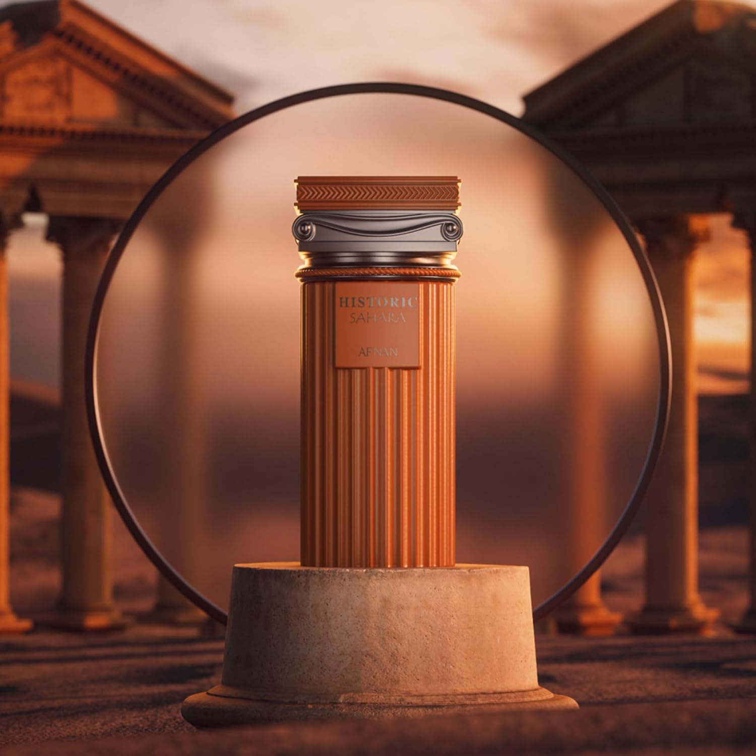Afnan Historic Sahara perfume bottle on pedestal with ancient columns in sunset background.