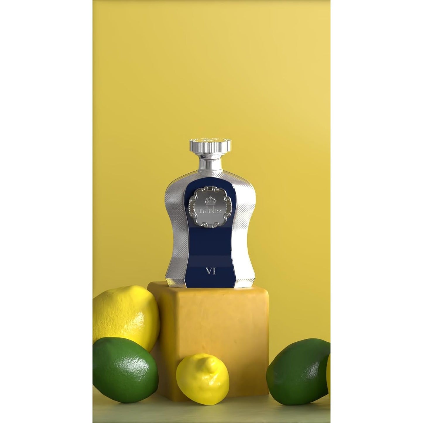 Luxury perfume bottle with silver, blue accents and VI label, styled with lemons and limes.