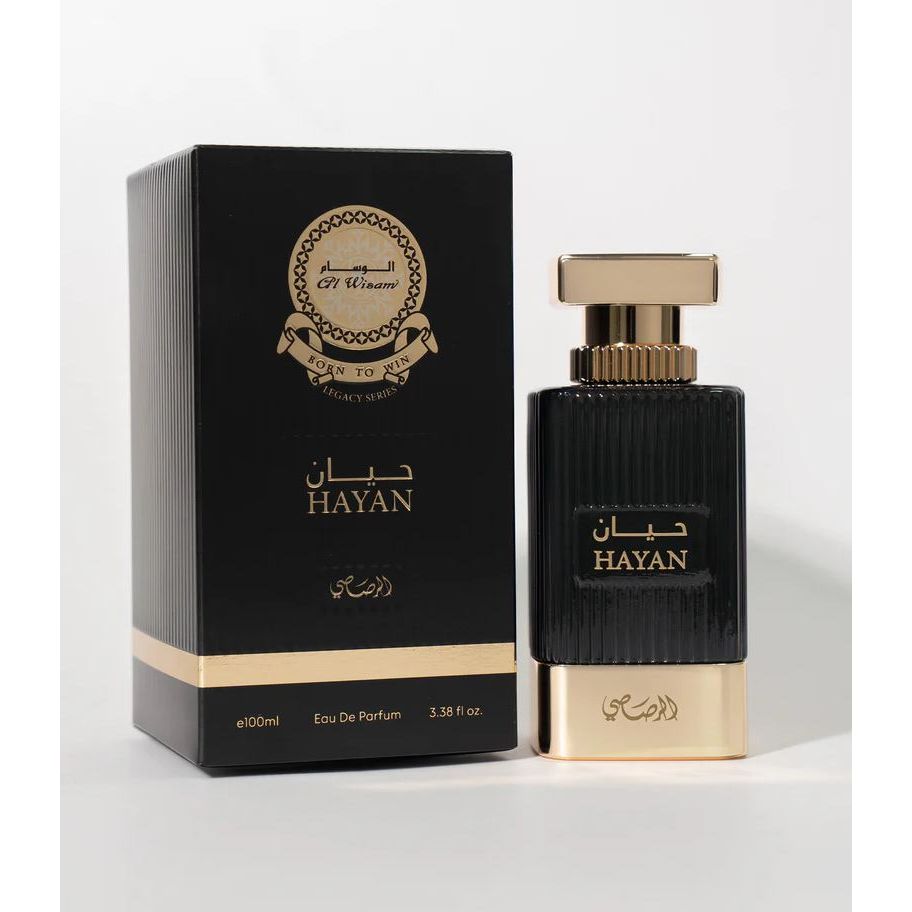 Hayan Eau de Parfum bottle and box, black and gold luxury fragrance packaging, 100ml