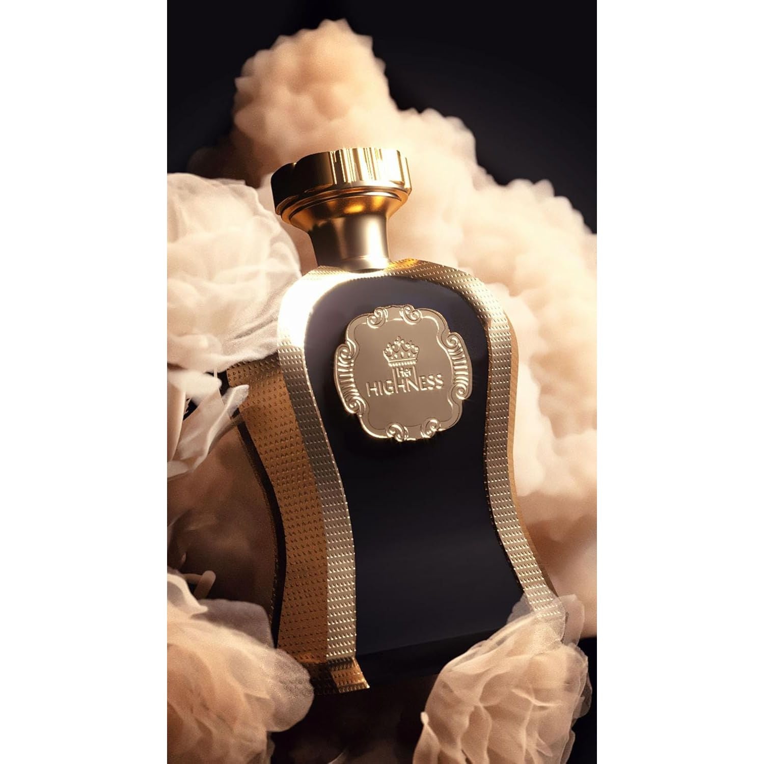 Luxury black and gold perfume bottle labeled 'Her Highness' surrounded by soft fabric.