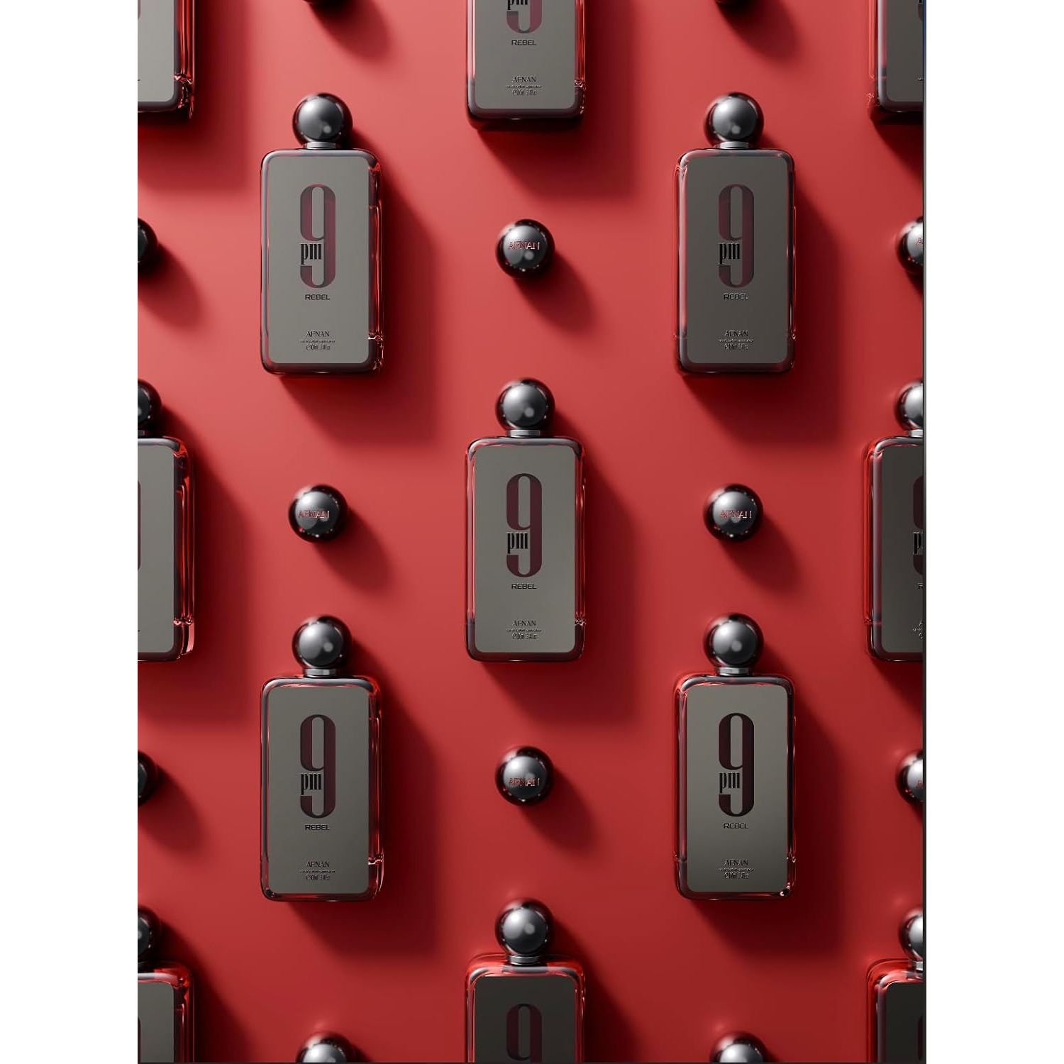 Multiple black 9PM Rebel perfume bottles by Afnan arranged on a vibrant red background