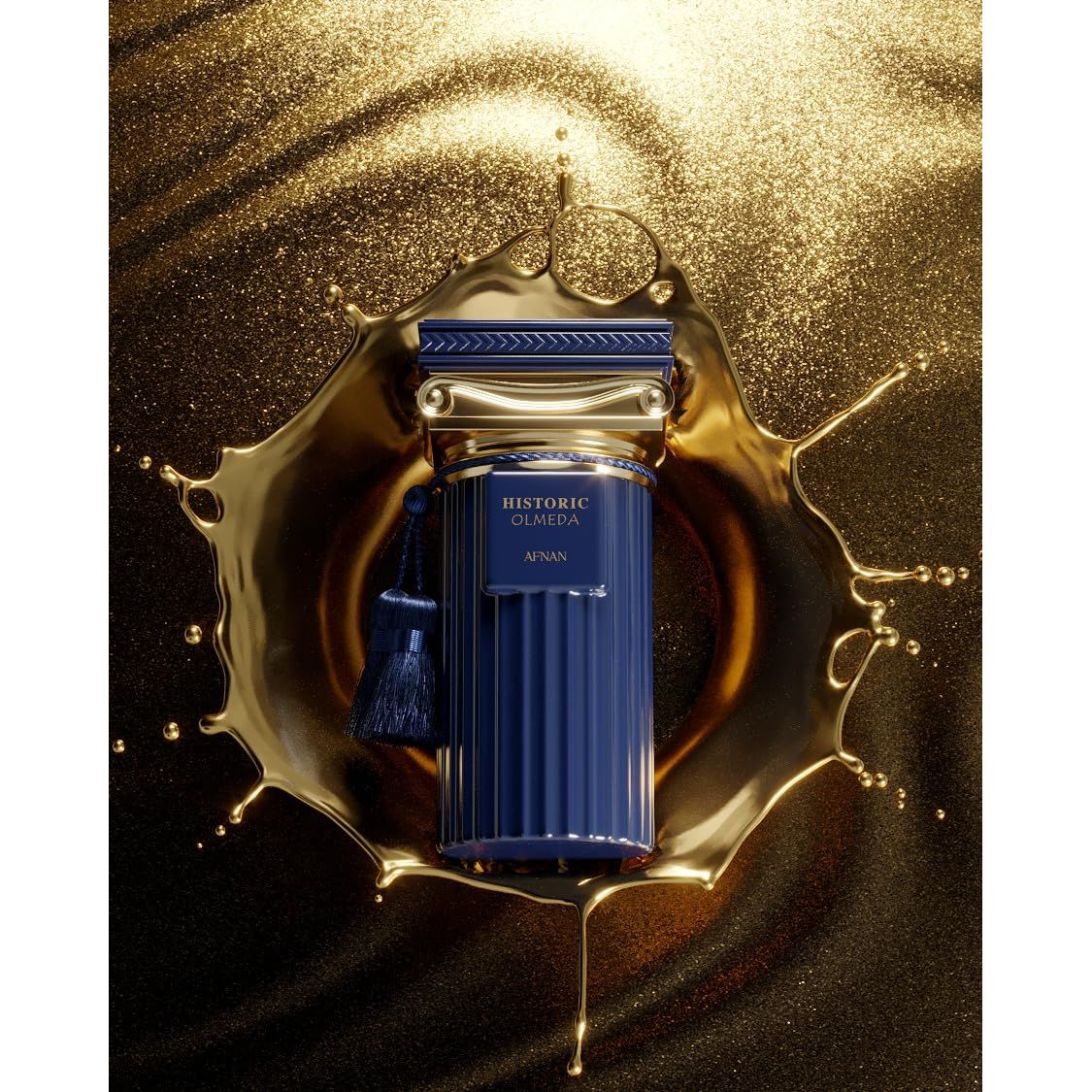 Luxury blue and gold perfume bottle with tassel on gold splash background, premium fragrance
